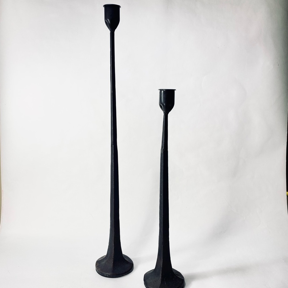2 Tall Thin Black Metal Iron Taper Candle Holder Spanish Revival Style 14" + 20"